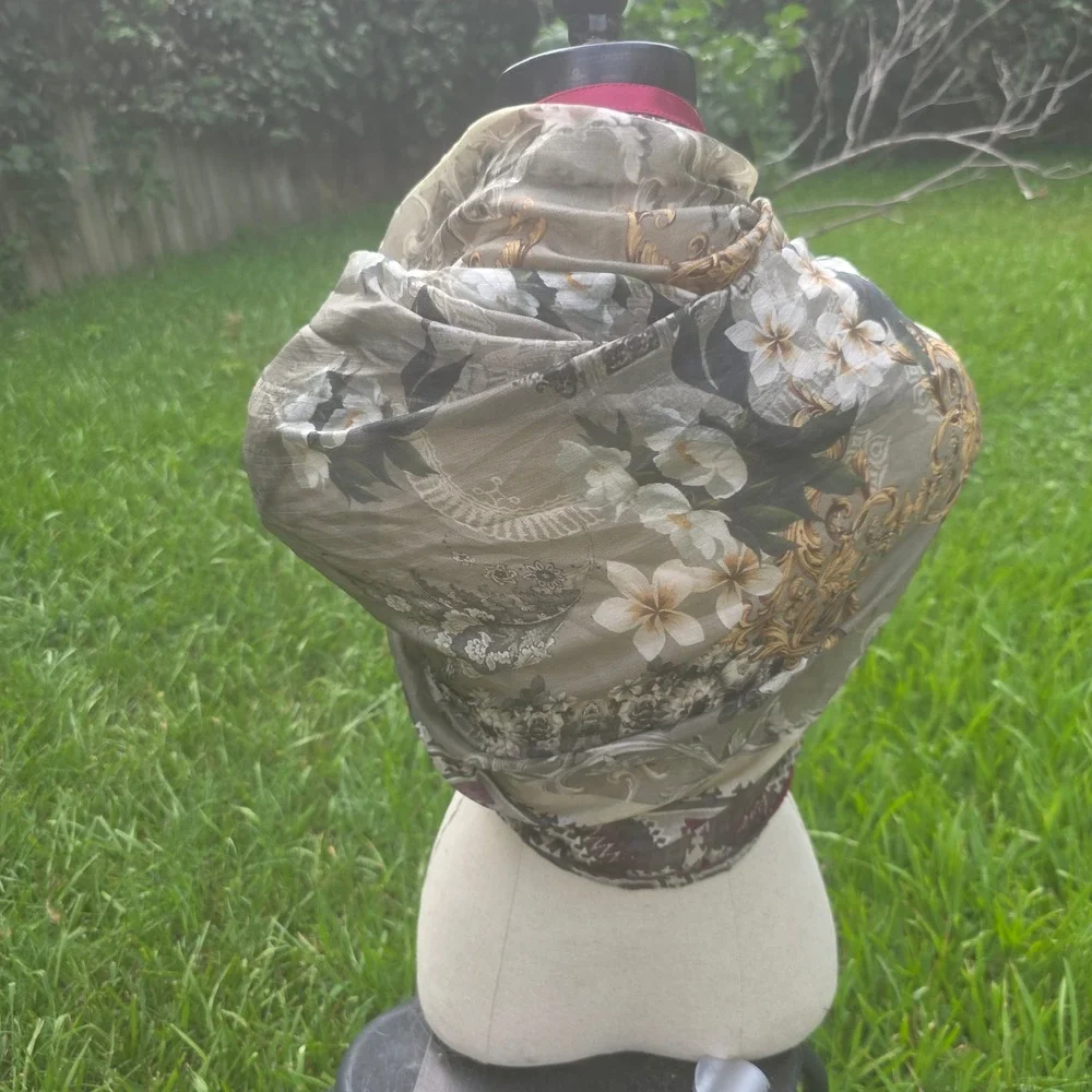 Floral Baroque Print Scarf Olive Burgundy Gold Lightweight Wrap Shawl